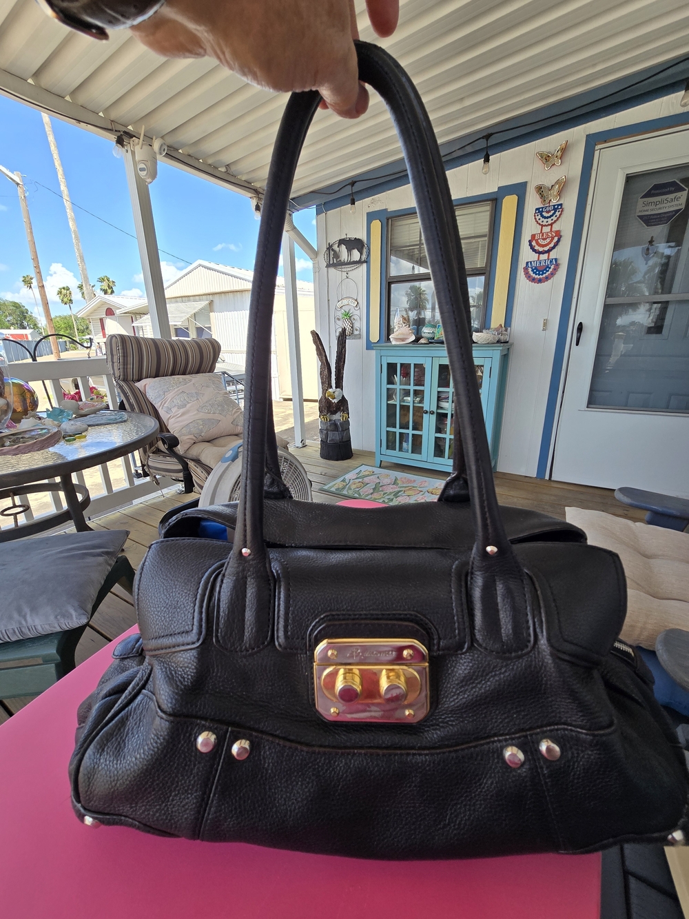B. Makowsky EUC 12"x19"x9"Black Leather Shoulder Bag w Gold-Tone Hardware.